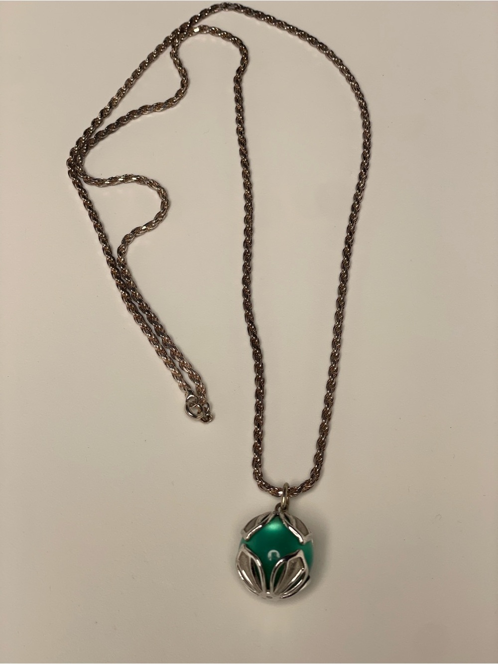 Long Silver Necklace with Green Pendant - 16 inches